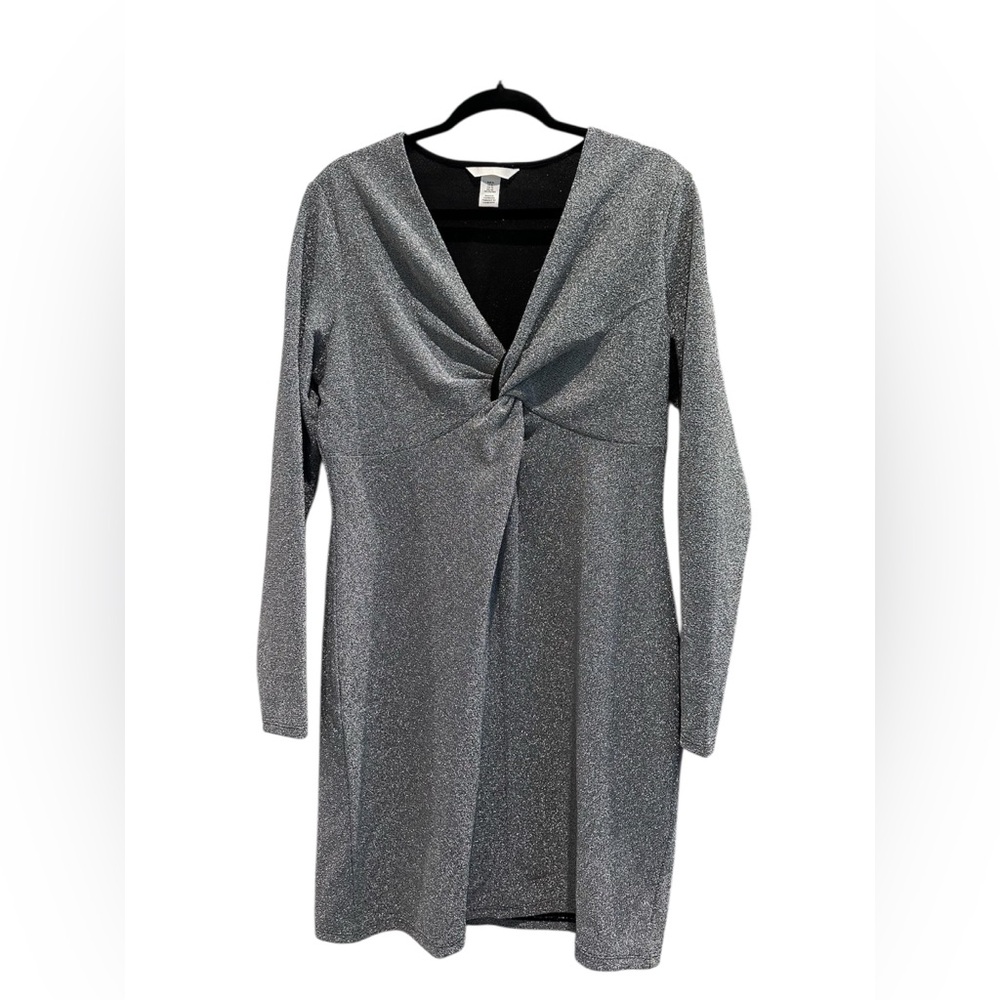 H&M Silver Glitter Knot Long Sleeve Party Dress Size XL - Picture 3 of 5